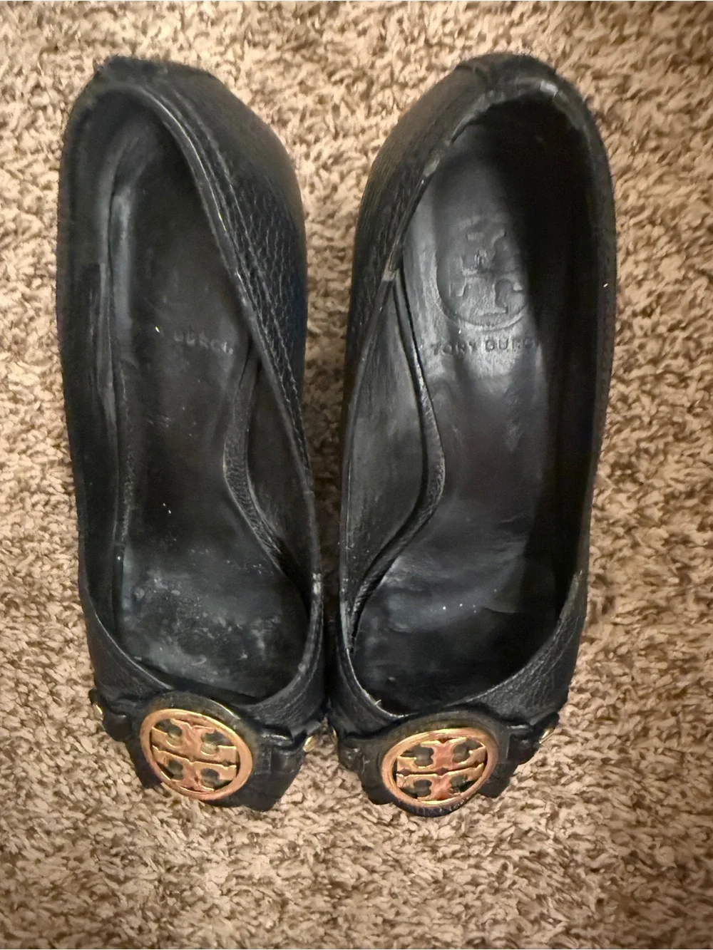 Tory Burch Black Leather Peep-Toe wedge with Gold Logo